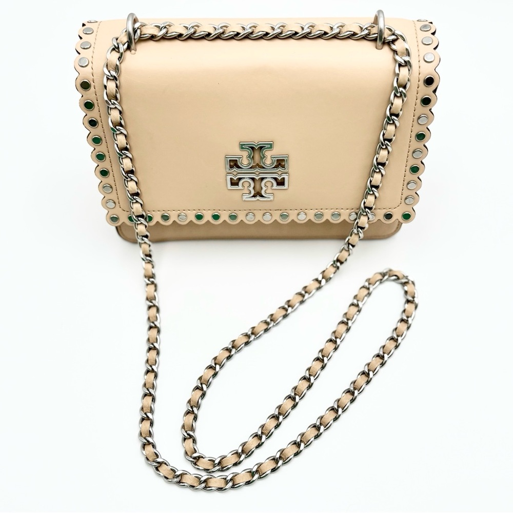 Tory Burch Beige Scalloped Leather Crossbody with Silver Chain - Picture 6 of 14